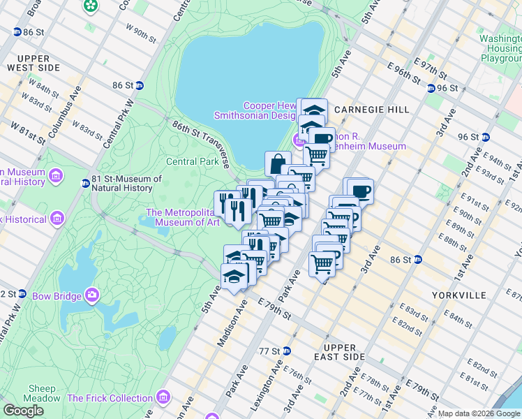 map of restaurants, bars, coffee shops, grocery stores, and more near 5th Ave & E 84th St in New York