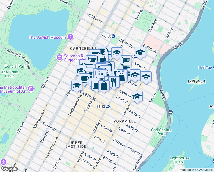 map of restaurants, bars, coffee shops, grocery stores, and more near 220 East 89th Street in New York