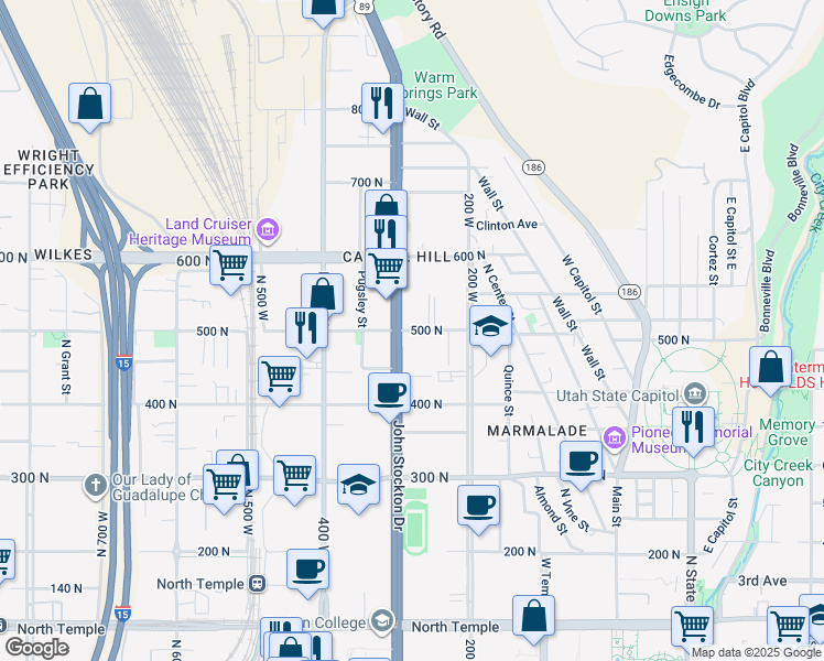 map of restaurants, bars, coffee shops, grocery stores, and more near 280 West 500 North in Salt Lake City
