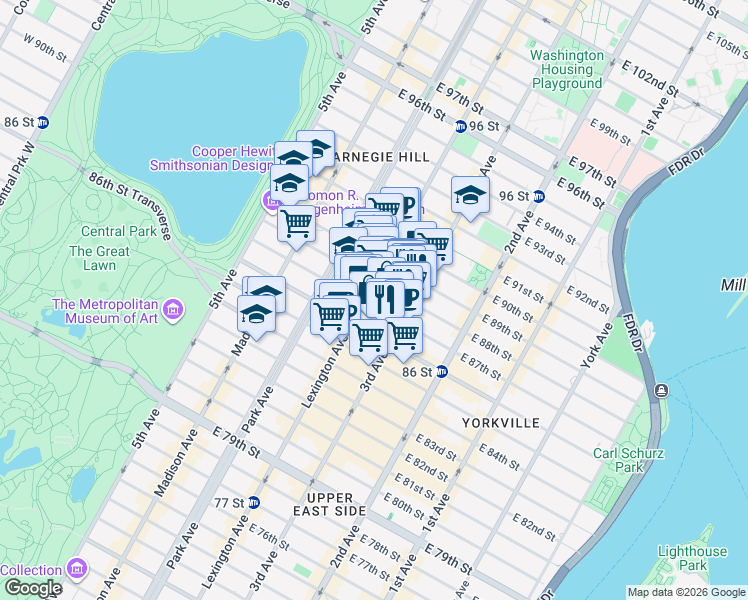 map of restaurants, bars, coffee shops, grocery stores, and more near 153 East 87th Street in New York