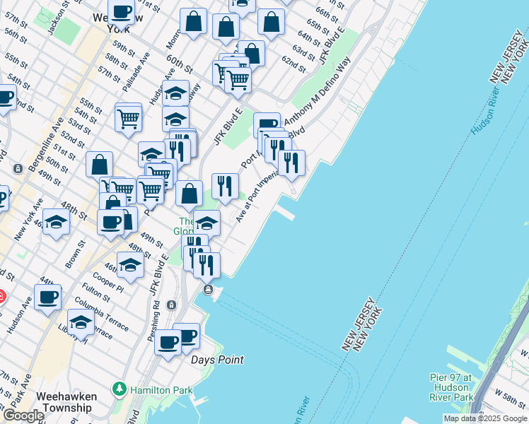 map of restaurants, bars, coffee shops, grocery stores, and more near 24 A Avenue at Port Imperial in West New York