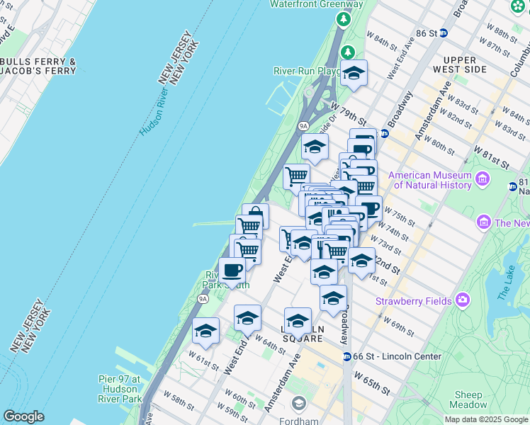 map of restaurants, bars, coffee shops, grocery stores, and more near 240 Riverside Boulevard in New York