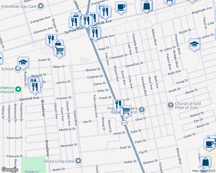 map of restaurants, bars, coffee shops, grocery stores, and more near 12 Dame Street in Brentwood