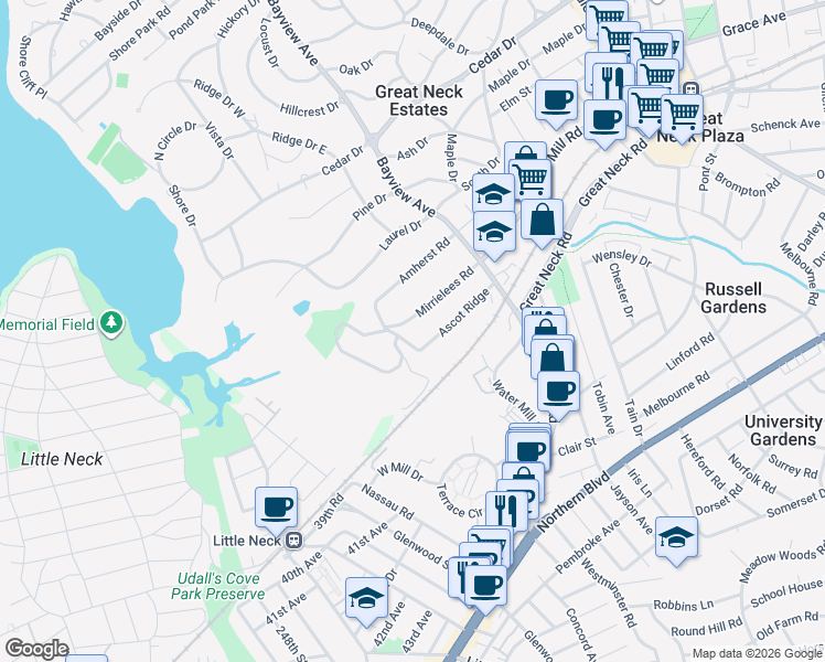 map of restaurants, bars, coffee shops, grocery stores, and more near 17 Mirrielees Road in Great Neck