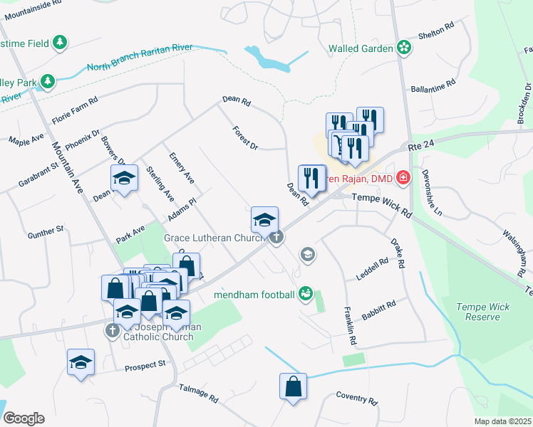 map of restaurants, bars, coffee shops, grocery stores, and more near 3 Halstead Road in Mendham