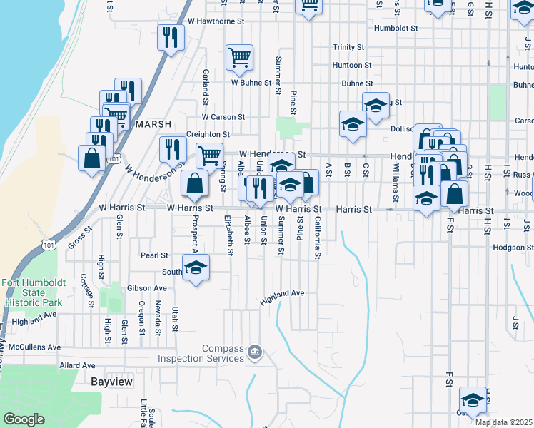 map of restaurants, bars, coffee shops, grocery stores, and more near 312 West Harris Street in Eureka