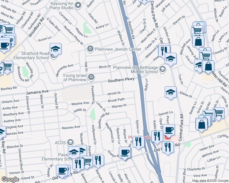 map of restaurants, bars, coffee shops, grocery stores, and more near 23 Jerold Street in Plainview