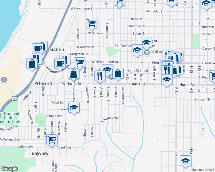 map of restaurants, bars, coffee shops, grocery stores, and more near 3108 Summer Street in Eureka