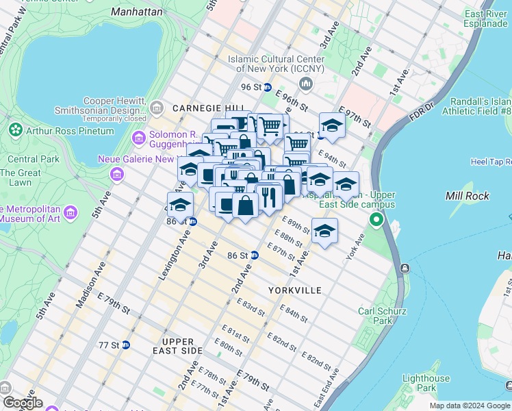 map of restaurants, bars, coffee shops, grocery stores, and more near 224 East 89th Street in New York