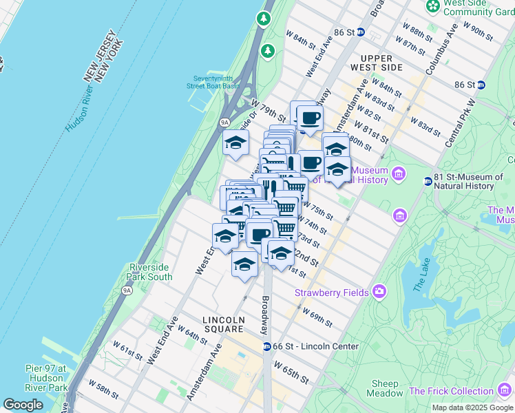 map of restaurants, bars, coffee shops, grocery stores, and more near 253 West 73rd Street in New York
