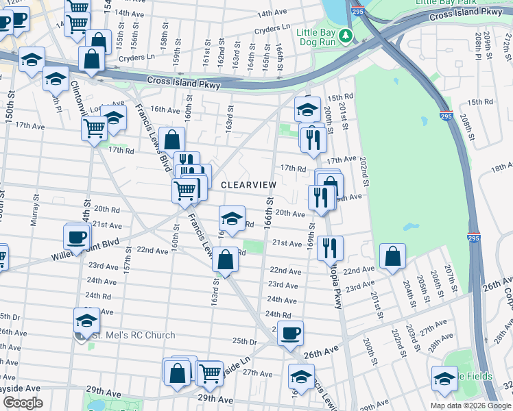 map of restaurants, bars, coffee shops, grocery stores, and more near 163-44 19th Avenue in Queens