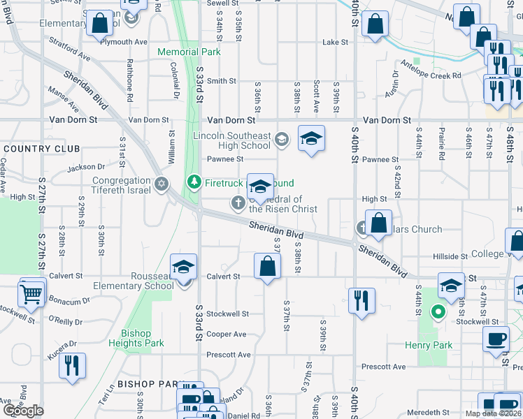 map of restaurants, bars, coffee shops, grocery stores, and more near 3245 South 37th Street in Lincoln