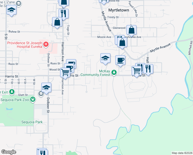 map of restaurants, bars, coffee shops, grocery stores, and more near 2982 Harris Street in Eureka
