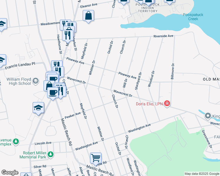 map of restaurants, bars, coffee shops, grocery stores, and more near 136 Church Drive in Mastic Beach