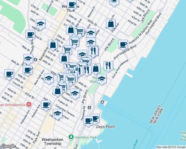 map of restaurants, bars, coffee shops, grocery stores, and more near 32 51st Street in West New York