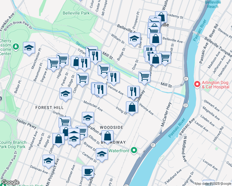 map of restaurants, bars, coffee shops, grocery stores, and more near 135 Verona Avenue in Newark