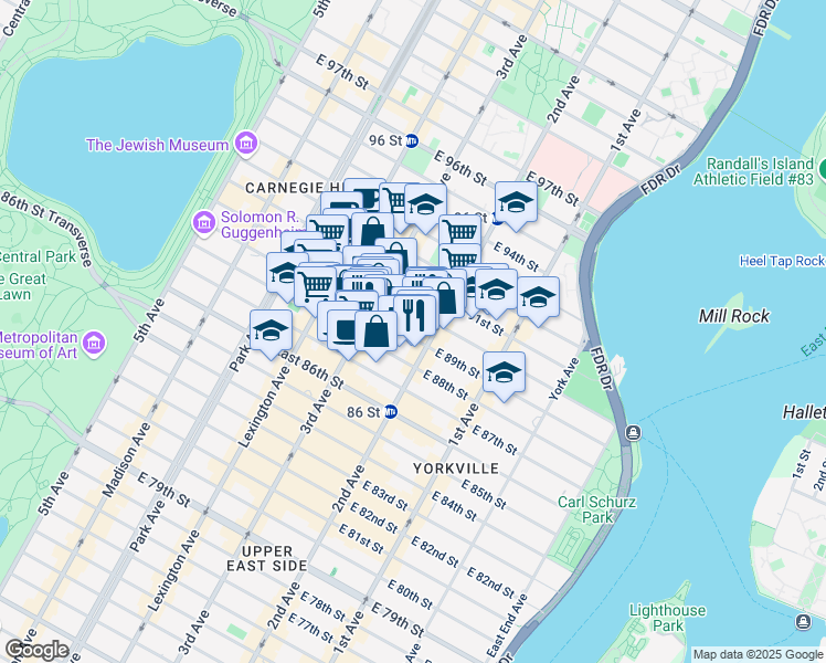 map of restaurants, bars, coffee shops, grocery stores, and more near 229 East 89th Street in New York