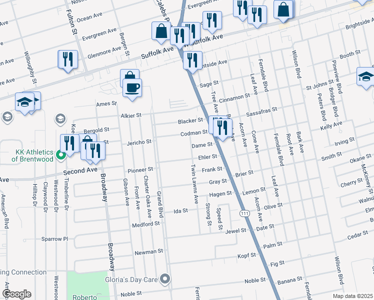 map of restaurants, bars, coffee shops, grocery stores, and more near 148 Twin Lawns Avenue in Brentwood