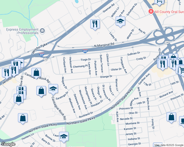 map of restaurants, bars, coffee shops, grocery stores, and more near 6 Lewis Avenue in Jericho