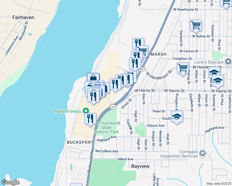 map of restaurants, bars, coffee shops, grocery stores, and more near 3144 Broadway St in Eureka