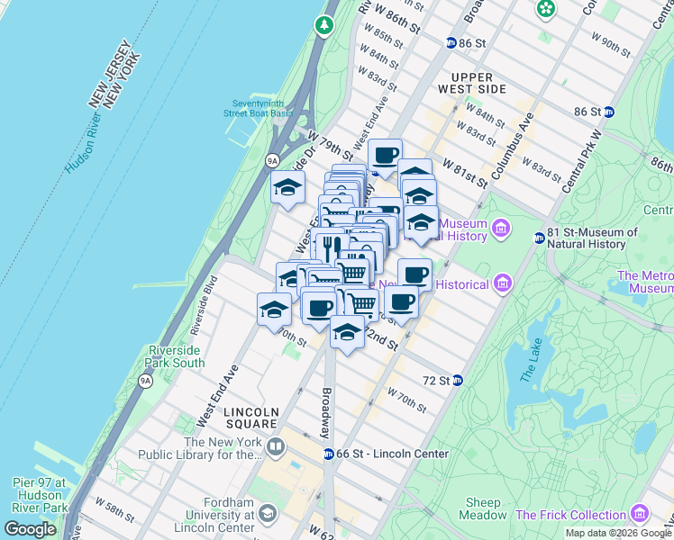 map of restaurants, bars, coffee shops, grocery stores, and more near 2109 Broadway in New York