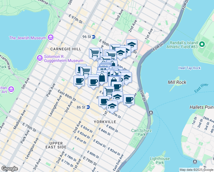 map of restaurants, bars, coffee shops, grocery stores, and more near 316 East 91st Street in New York