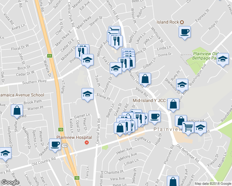 map of restaurants, bars, coffee shops, grocery stores, and more near 6 Randy Lane in Plainview
