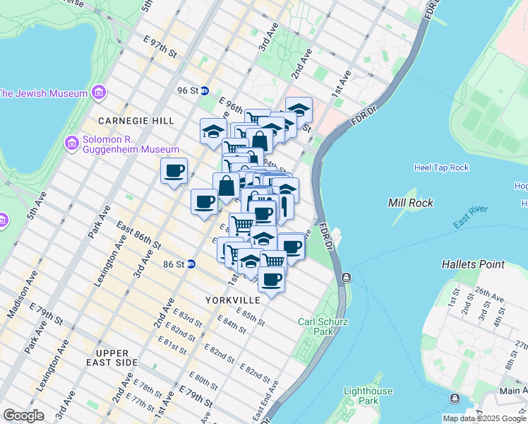map of restaurants, bars, coffee shops, grocery stores, and more near 1759 1st Avenue in New York