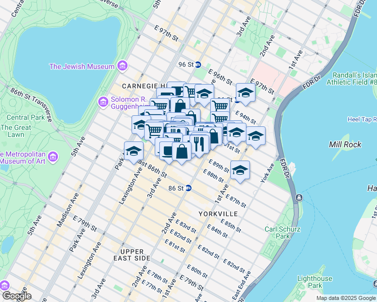 map of restaurants, bars, coffee shops, grocery stores, and more near 232 East 90th Street in New York
