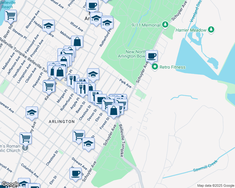 map of restaurants, bars, coffee shops, grocery stores, and more near 65 Forest Street in North Arlington