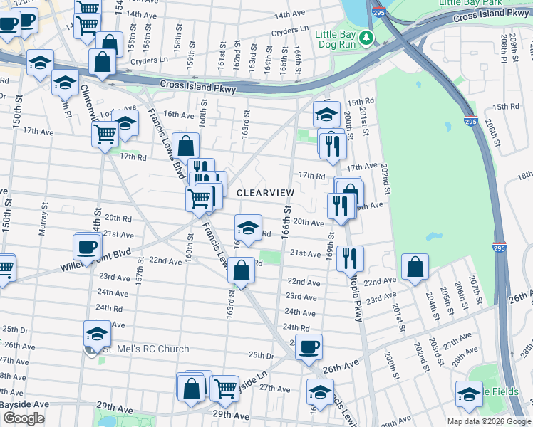 map of restaurants, bars, coffee shops, grocery stores, and more near 163-44 19th Avenue in Queens