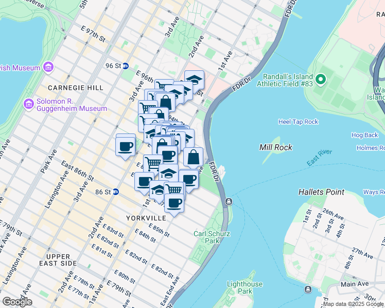 map of restaurants, bars, coffee shops, grocery stores, and more near 405 East 92nd Street in New York