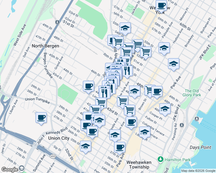 map of restaurants, bars, coffee shops, grocery stores, and more near 4522 Cottage Place in Union City