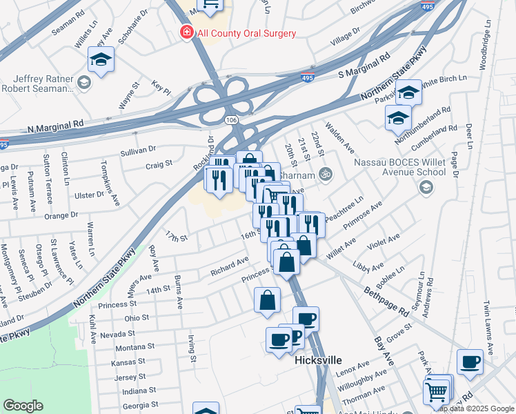 map of restaurants, bars, coffee shops, grocery stores, and more near 336 North Broadway in Jericho