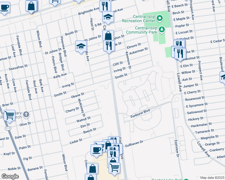 map of restaurants, bars, coffee shops, grocery stores, and more near 300 Carleton Avenue in Central Islip