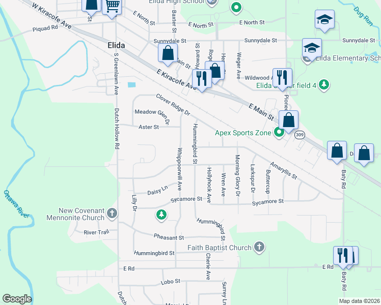 map of restaurants, bars, coffee shops, grocery stores, and more near 2950 Whippoorwill Avenue in Elida