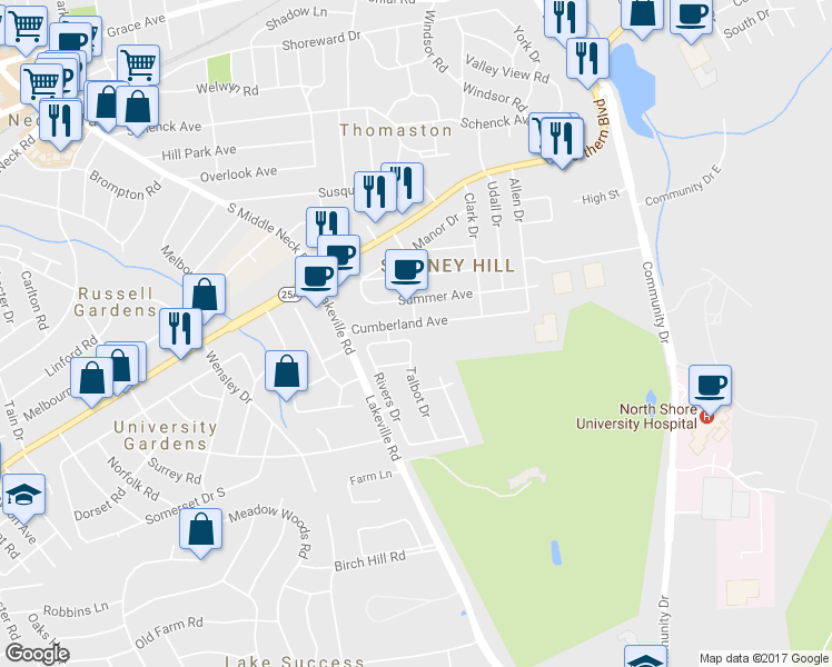 map of restaurants, bars, coffee shops, grocery stores, and more near 28 Cumberland Avenue in Lake Success