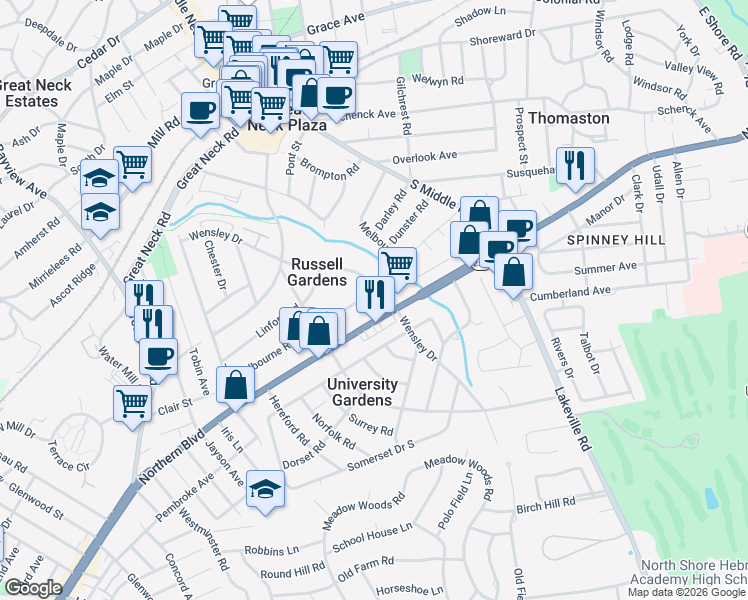 map of restaurants, bars, coffee shops, grocery stores, and more near 50 Wensley Drive in Great Neck
