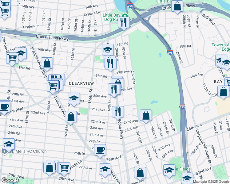 map of restaurants, bars, coffee shops, grocery stores, and more near 20-7A Utopia Parkway in Queens
