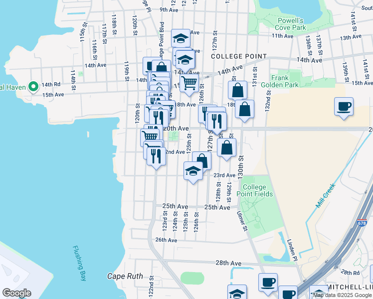 map of restaurants, bars, coffee shops, grocery stores, and more near 20-40 125th Street in Queens