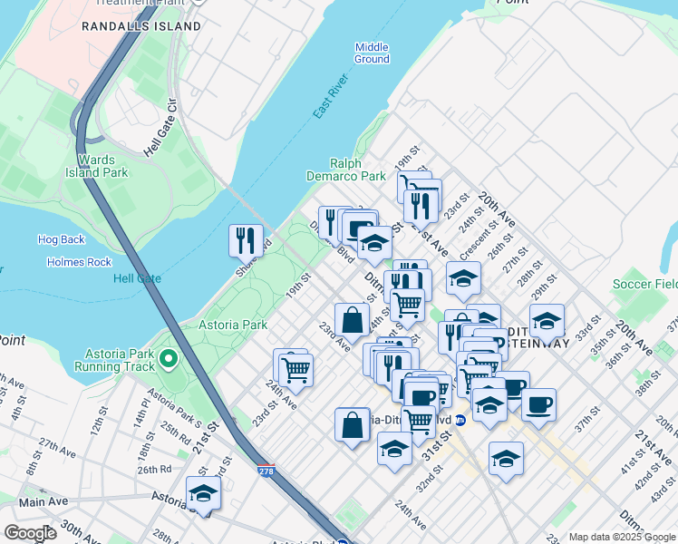 map of restaurants, bars, coffee shops, grocery stores, and more near 22-29 19th Street in Queens