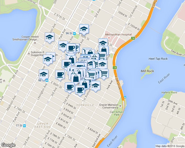 map of restaurants, bars, coffee shops, grocery stores, and more near 316 East 91st Street in New York