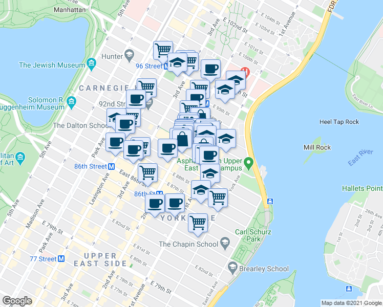 map of restaurants, bars, coffee shops, grocery stores, and more near 316 East 91st Street in New York