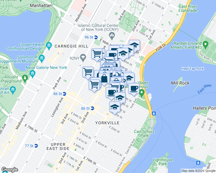 map of restaurants, bars, coffee shops, grocery stores, and more near 316 East 91st Street in New York