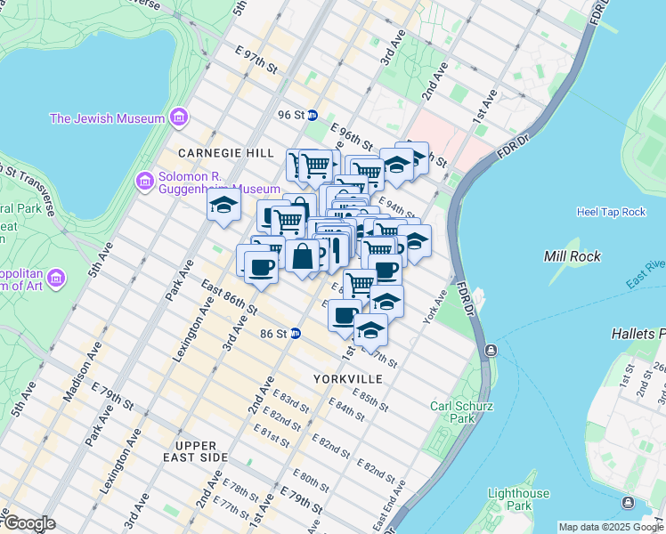 map of restaurants, bars, coffee shops, grocery stores, and more near 1718 2nd Avenue in New York