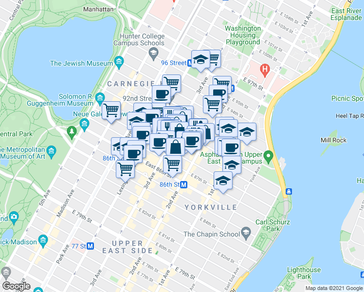 map of restaurants, bars, coffee shops, grocery stores, and more near 232 East 90th Street in New York