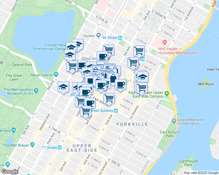 map of restaurants, bars, coffee shops, grocery stores, and more near 1574 3rd Avenue in New York