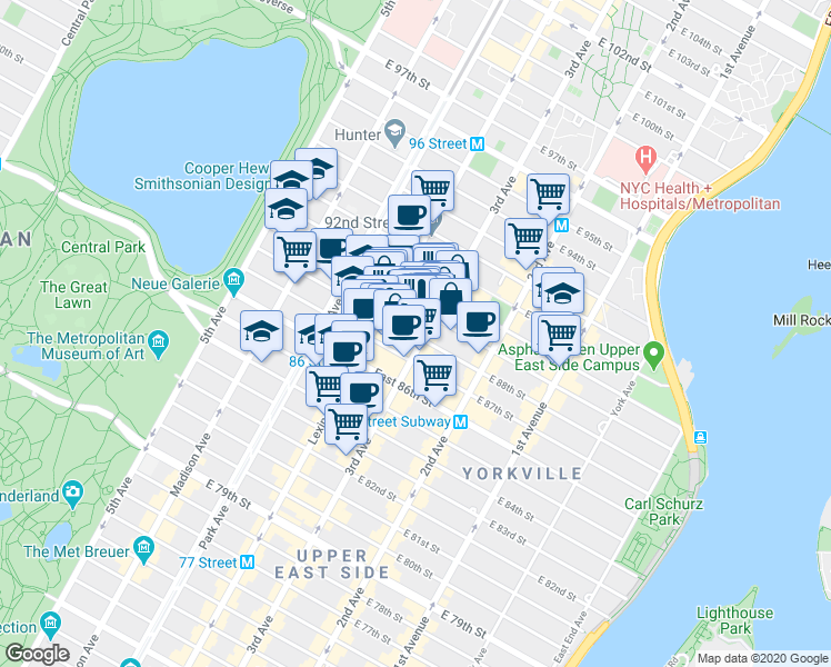 map of restaurants, bars, coffee shops, grocery stores, and more near 1574 3rd Avenue in New York