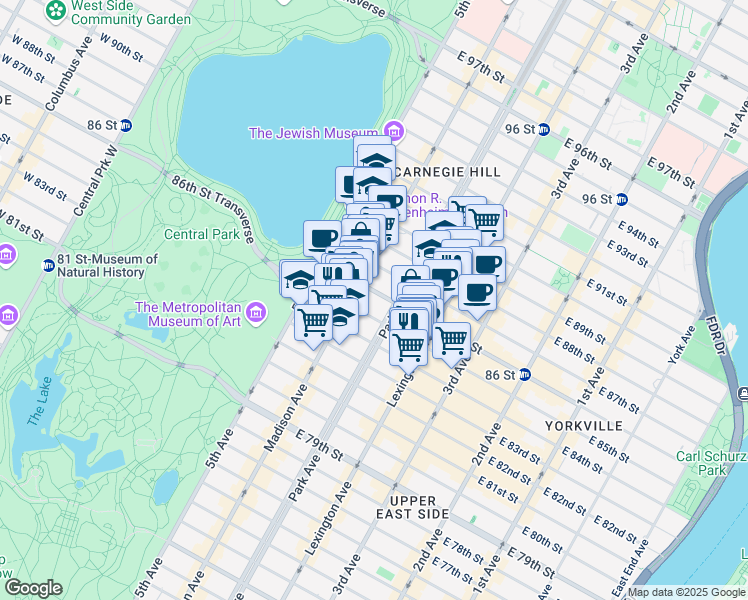 map of restaurants, bars, coffee shops, grocery stores, and more near 1040 Park Avenue in New York