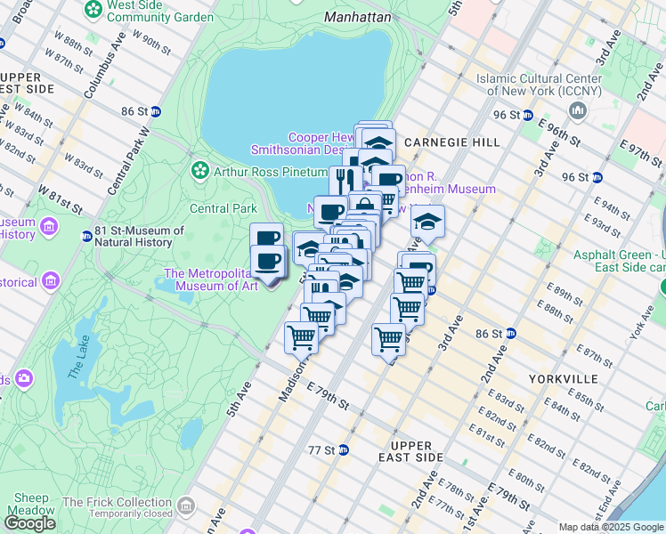 map of restaurants, bars, coffee shops, grocery stores, and more near 2 East 85th Street in New York